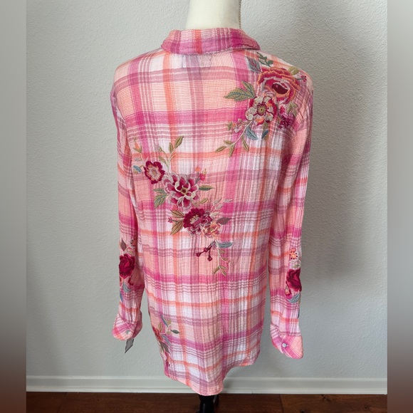 Johnny Was Pink Plaid Floral Embroidered Shirt - Picture 7 of 7